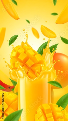 Vibrant illustration showcasing a fresh mango and juice splash