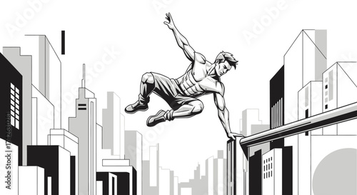 A muscular man leaping over a railing with city buildings in the background.