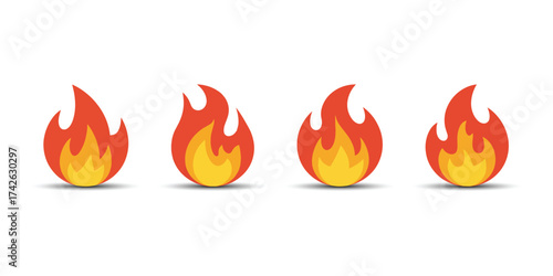 Set of Fire Flame Icons in Flat Cartoon Style. Simple Vector Bonfire Symbol Collection with white background