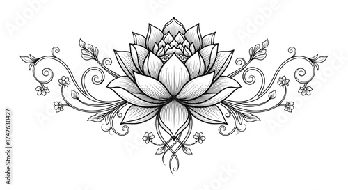 Detailed line art illustration of a blooming lotus flower with decorative swirls and small floral accents.