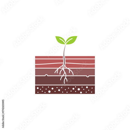 Sprout emerges from layered soil, representing growth and new beginnings in a simple, clean style, symbolizing hope and environmental awareness.