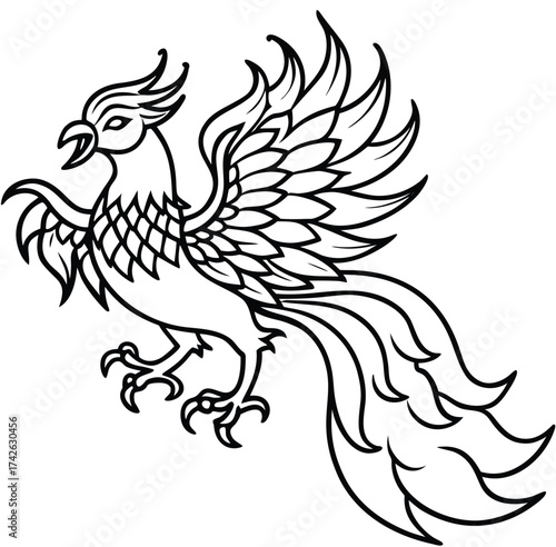 Majestic phoenix rising with fiery wings, a mythological firebird symbol of rebirth and immortality. Black and white line art vector illustration for a tattoo or emblem design