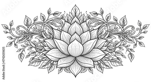 Detailed illustration of a lotus flower surrounded by swirling leaves and vines in a symmetrical, ornate design.