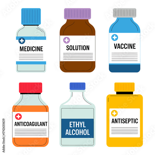 Collection of Medical Solutions Anticoagulant Vaccine Antiseptic Ethyl Alcohol Medicine Illustrations for Healthcare and Pharmaceutical Concepts