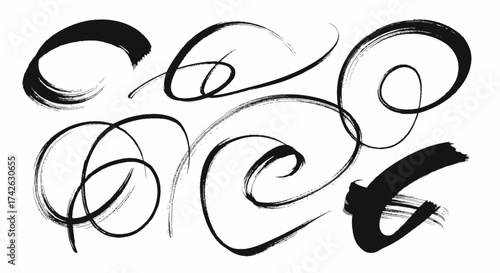 A collection of black brushstroke swirls and curves on a white background, creating an abstract artistic arrangement.