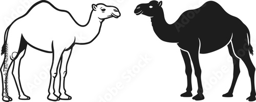 Camel illustration, desert animal art, black and white camel drawing, wildlife vector design, dromedary silhouette, safari creature, desert wildlife, animal comparison, nature sketch,