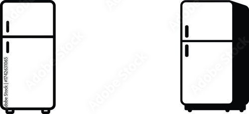 Minimal line art of two refrigerators, black and white fridge icons, modern kitchen appliance illustration, household equipment vector design, isolated graphic