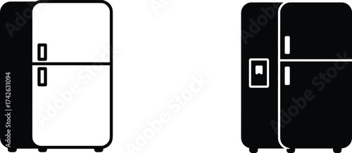 Modern refrigerator icon set, black and white fridge vector illustration, minimal kitchen appliance design, household cooling equipment, clean outline style graphic