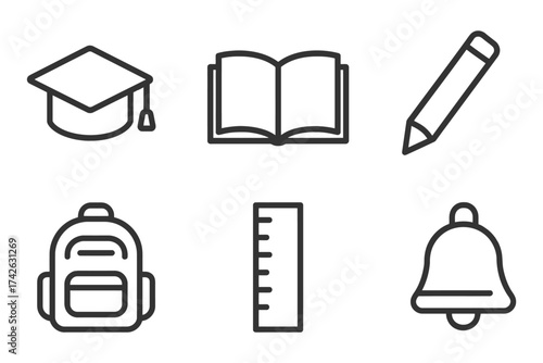 A set of school supplies, including a backpack, a book, a pencil, a ruler, and a bell. Vector.