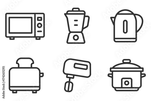 A set of kitchen appliances including a toaster, blender, and microwave. The appliances are all lined up in a row. Vector.