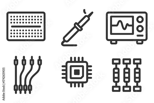 A set of six icons for electronic components. The icons include a soldering iron, a multimeter, a microcontroller, a resistor, a capacitor. Vector.