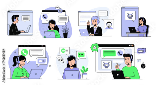 Vector art of customer service agents and chatbots interacting with clients online