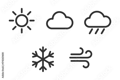 The weather icons show the different types of weather conditions. The sun icon represents sunny weather. Vector.