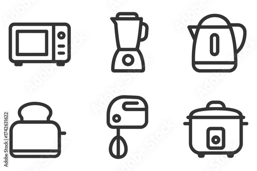 A set of kitchen appliances including a toaster, blender, and coffee maker. The appliances are all black and arranged in a row. Vector.