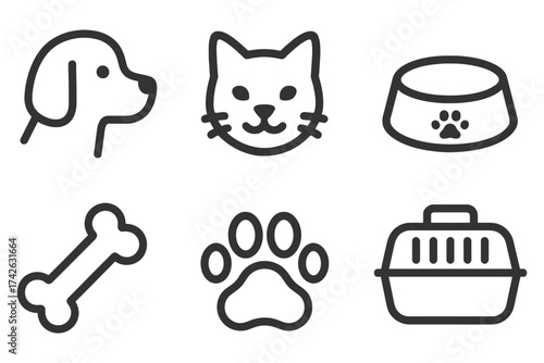 A collection of animal icons, including a dog, a cat, and a bone. The icons are arranged in a grid, with each one occupying a separate space. Vector.