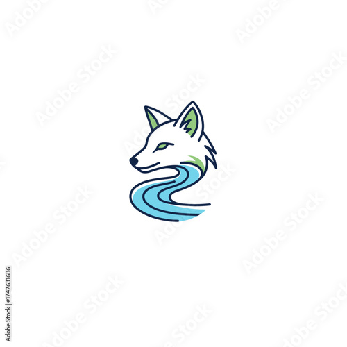 A stylized illustration of a fox's head merging with a flowing river.