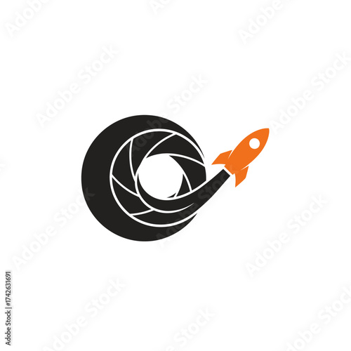 Dynamic logo featuring a black camera aperture transforming into an orange rocket taking off, symbolizing innovation and speed.