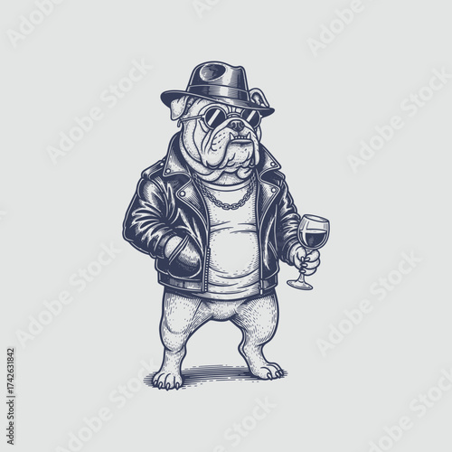 A bulldog dressed in a leather jacket and sunglasses, holding a wine glass, Gangster style humorous character.