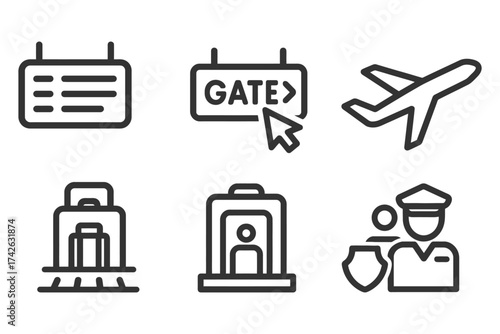 Airport signs and symbols. The airport signs and symbols include a gate sign, a suitcase, a security guard, and an airplane. Vector.