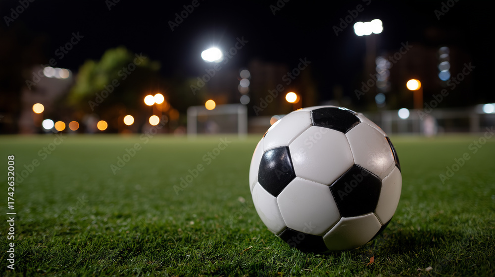 Fototapeta premium Classic Black And White Soccer Ball On Green Field
