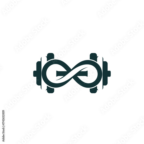 Stylized dark grey dumbbell with an infinity symbol replacing the bar, symbolizing eternal fitness and strength.