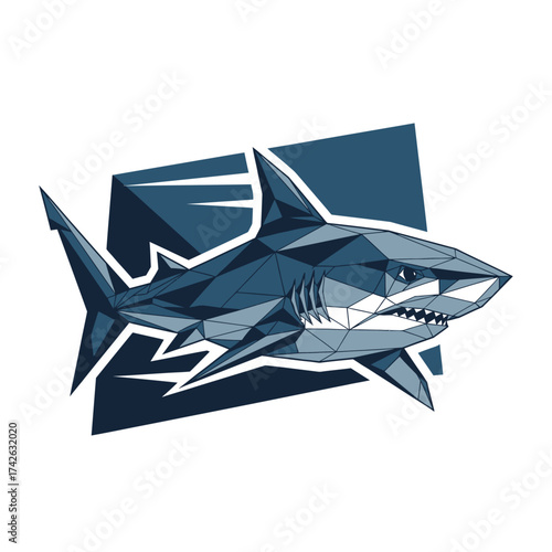 Geometric illustration of a shark in shades of blue, with sharp angles and a modern design.