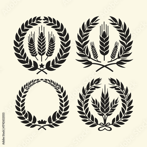 silhouette of Wheat barley ears, oat isolated frames and wreaths. Grains graphic, rice or malt icons. Gluten pictogram, cereal