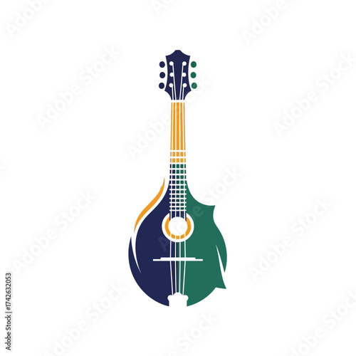 A detailed illustration of a mandolin, a stringed musical instrument, with a pear-shaped body.