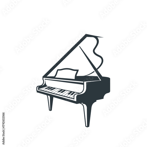 A simple, elegant, dark silhouette of a grand piano with its lid open, set against a plain white background.