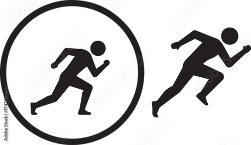 Two running man silhouettes one inside a circle silhouette