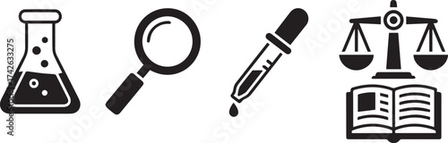 Scientific Research, Investigation, and Law: A Set of Black and White Vector Icons for Education, Forensics, and Justice Concepts
