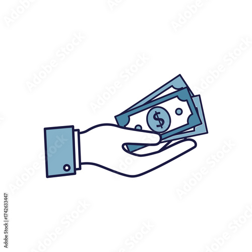 Hand holding dollar bills offering financial assistance in a simple style representing wealth and generosity on a white surface.