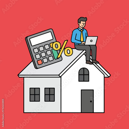 Man on house roof with calculator and laptop, mortgage concept