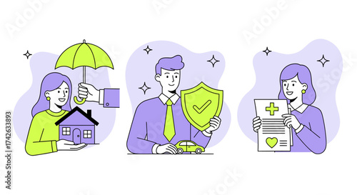 Vector art of insurance concept with protection for home, car, and health