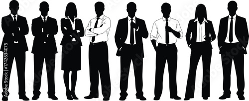 Business silhouettes, corporate professionals, team diversity, formal attire, leadership concept, office people, standing pose, black and white, teamwork, success