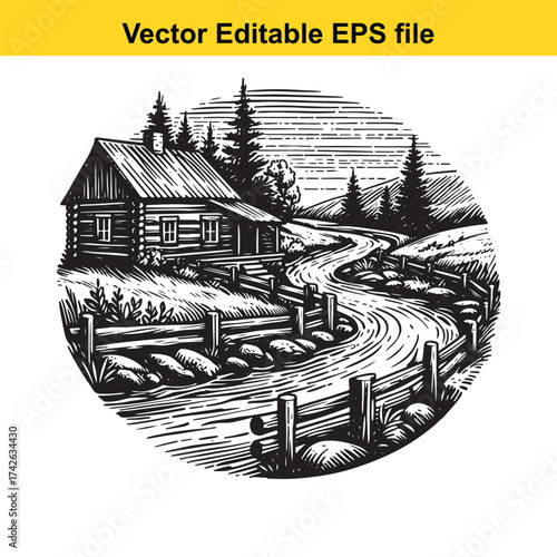 Vector art of rustic log cabin and winding path in a forest landscape, vintage illustration