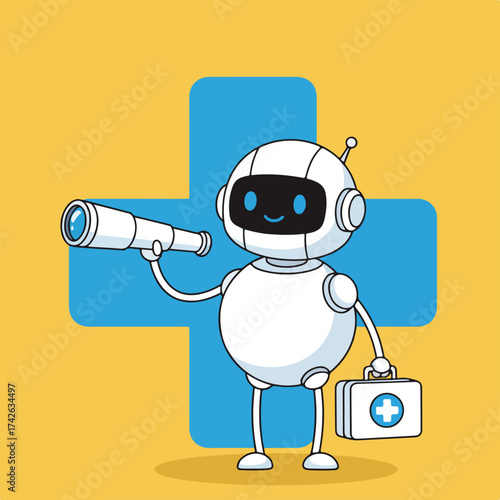 Robot with telescope and first aid kit looking into distance
