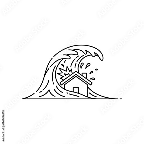 Tsunami wave crashing over house, depicting natural disaster and the destructive power of the ocean, rendered in a minimalist line art style.