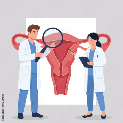 Doctors examine uterus with magnifying glass and tablet