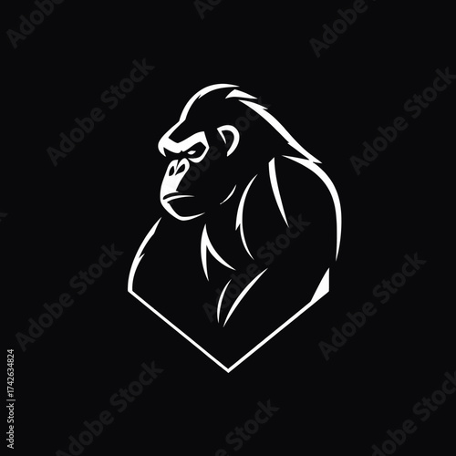 Silhouette of a powerful gorilla facing left, rendered in white lines against a black background.