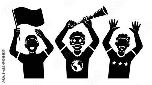 Energetic sports fans cheering wildly with flag and horn, radiating excitement and team spirit, original scalable vector graphics icon