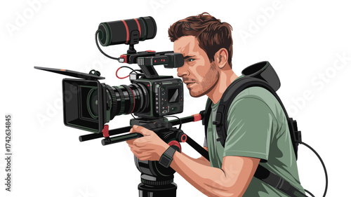 Professional cinematographer expertly filming with high-end camera, capturing perfect shot with focused precision, modern film industry equipment