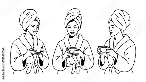 Relaxing moments with tea, serene woman in robe and towel enjoys calming beverage, spa day, self care and wellness promotion, vector art