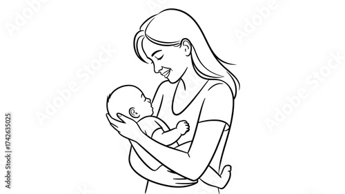 Loving mother tenderly cradling her newborn baby with a warm smile, a beautiful bond of motherhood and unconditional love shining through