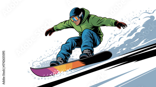 Dynamic snowboarder carving down mountain slope with speed and style, perfect for winter sports advertising or extreme adventure promotions