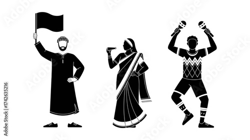 Diverse cultural celebration with flag, flute, and maracas creating global unity, a symbol of harmony and global festivities, vector art