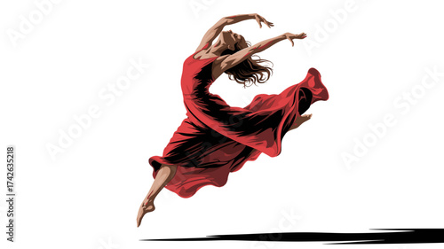 Graceful dancer in flowing red dress leaps with passion, embodying freedom and artistry, a symbol of creativity and movement, originally vector
