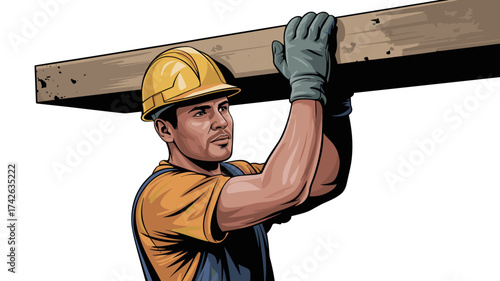 Dedicated construction worker lifting heavy wooden beam wearing safety helmet and gloves, showcasing strength and dedication for building projects