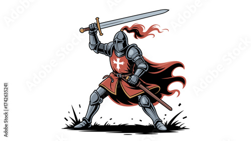 Brave knight in shining armor brandishing sword, ready for battle, embodying courage and strength, medieval warrior, historical figure, originally vector