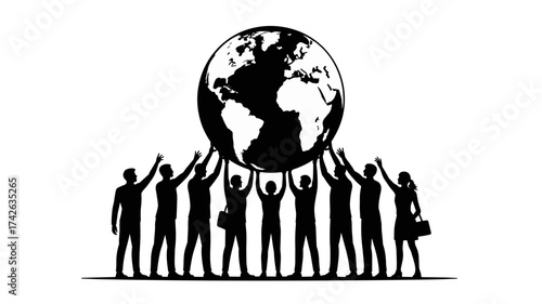 Global teamwork supporting the world, collaborative effort, business people, unity, success, Earth day concept, strong team pushing up globe